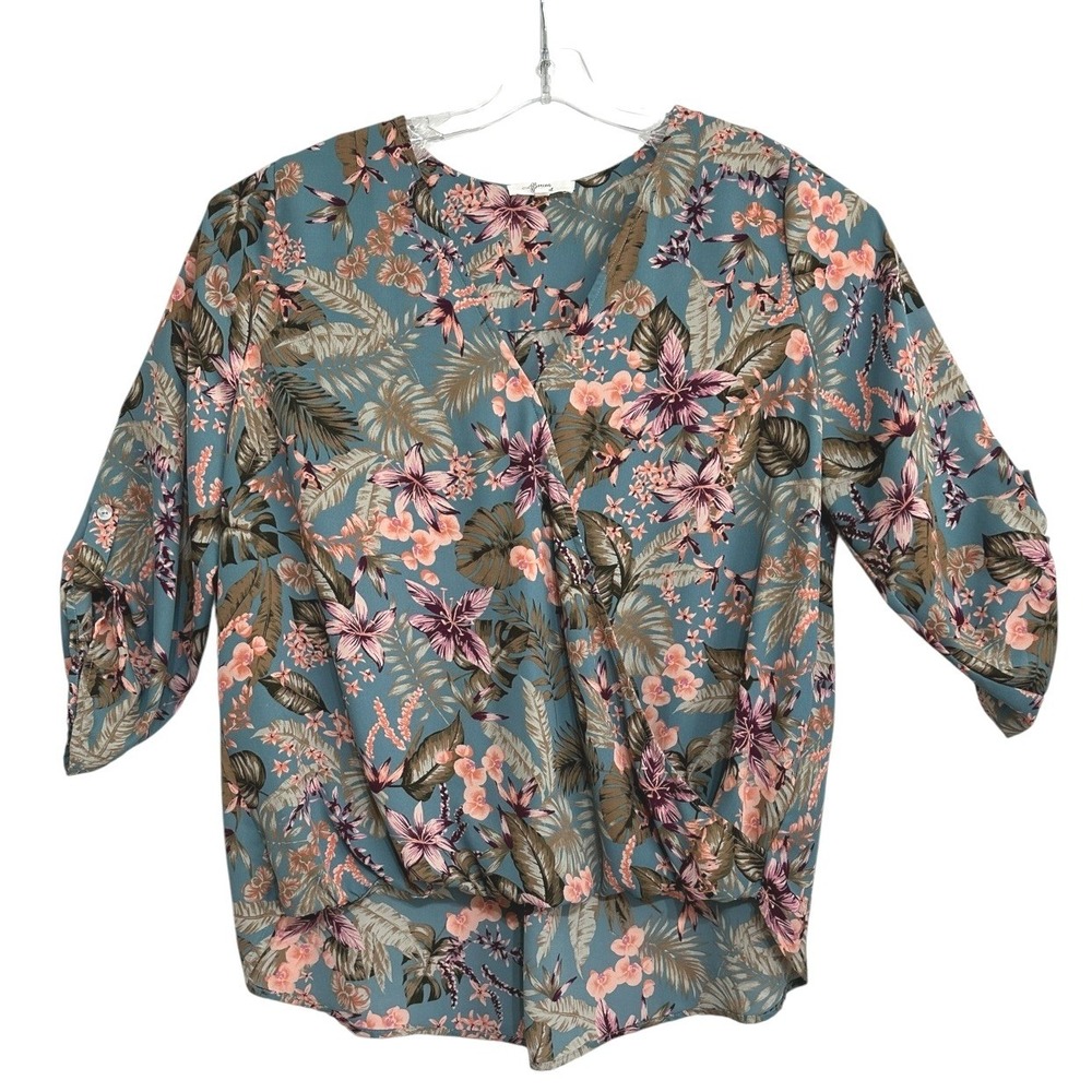 Beacon Apparel Blouse Womens Teal Pink Tropical Floral Flowy Resortwear‎ XXL